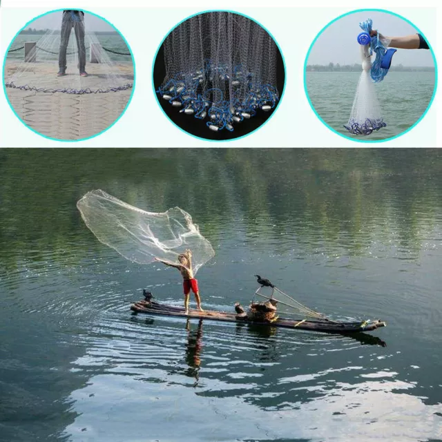 22FT Easy Throw Hand Fishing Cast Net Spin Bait Nylon Fish Mesh 6.6m w/ Sinker