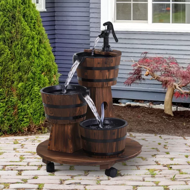 Garden Outdoor Rustic Wooden Barrel Well Garden Fountain Decoration w/ Pump