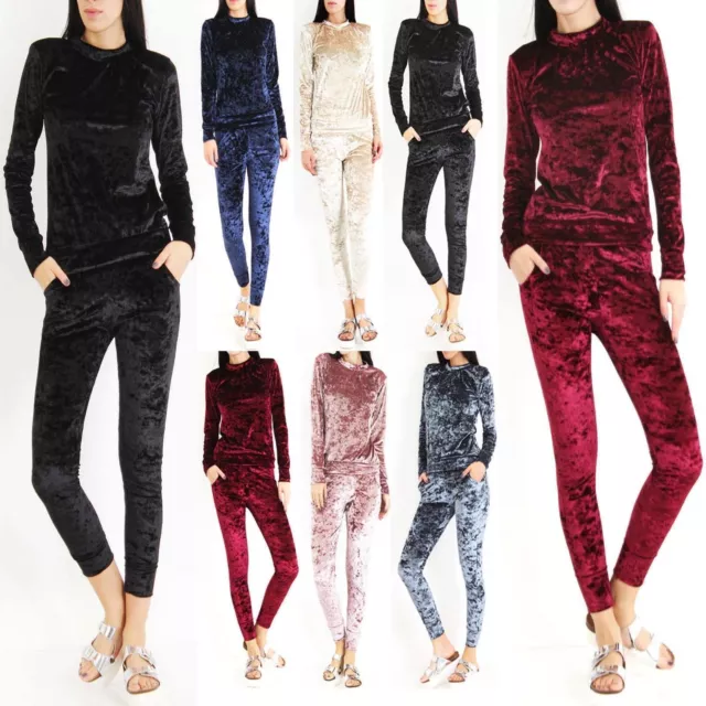 Womens Ladies Crushed Velour Velvet Jogging Loungewear 2 Piece Tracksuit 8 TO 26