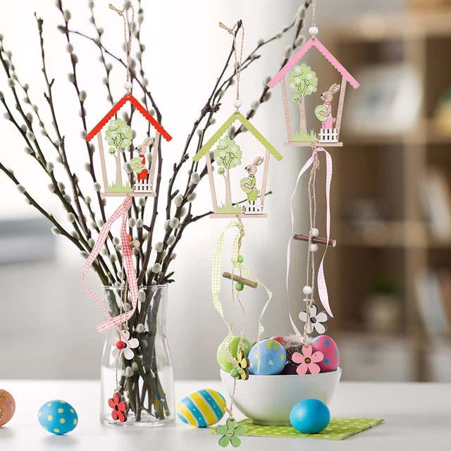 Colgantes artesanales para el hogar adornos colgantes conejito sosteniendo huevos conejo Pascua