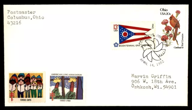 MayfairStamps US 1982 Ohio Christmas Seals Dual Columbus to Oshkosh WI Cover aaj