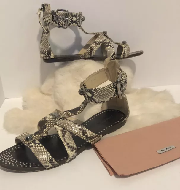 MIU MIU By PRADA Python T-Strap Rock Stud Flat Gladiator Sandal 38.5