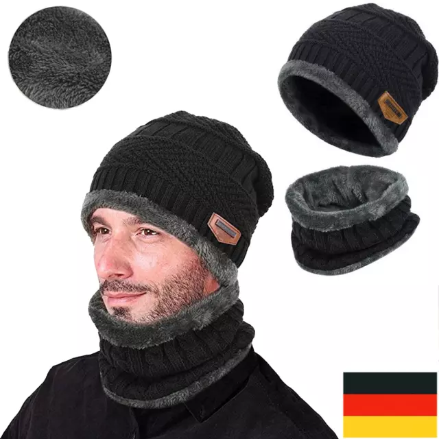 Wintermütze Warmer Beanie Strick Mütze inkl. Schal mit Fleecefutter Damen Herren