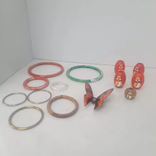 Vintage Mixed Macrame Wood Beads Ceramic Butterfly Rings Lot
