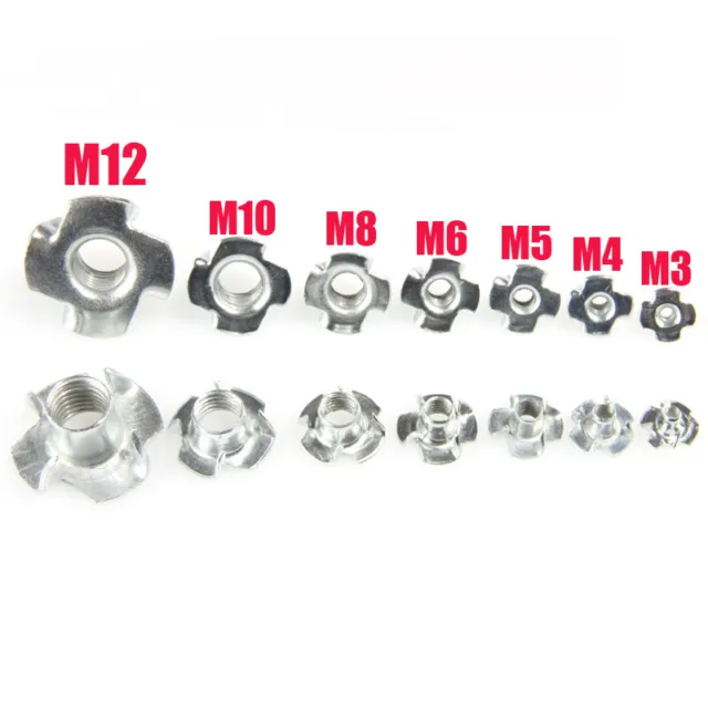 20/10X M3/M4/M6/M8/M12 Four Prong Furniture T Nut Inserts For Wood Zinc Plated