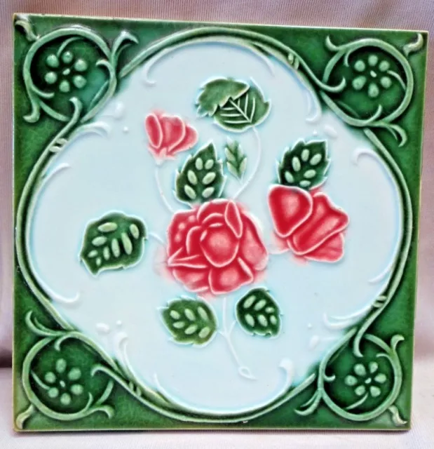 Antique Tile Majolica Japan Dk Ceramic Floral Motif Pink Rose Architecture "261