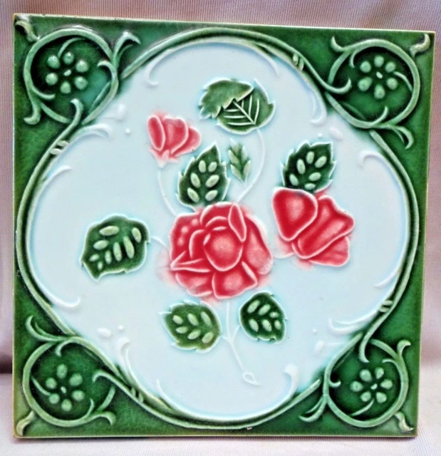 Antique Tile Majolica Japan Dk Ceramic Floral Motif Pink Rose Architecture "261