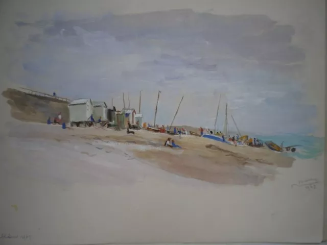 belle aquarelle signée NOURY -1962-scène de plage à AMBLETEUSE - Pas de Calais.