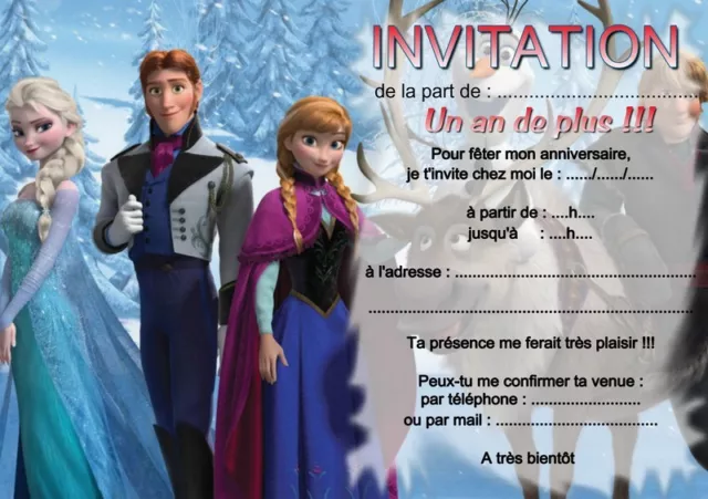5 ou 12 cartes invitation anniversaire Reine des neiges réf 08 avec/sans env.