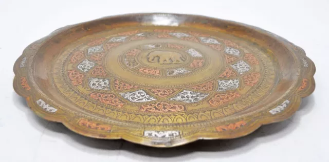 Antik Messing Rund Dekorativ Silber Kupfer Einlage Platte Original Alte Gravur 2