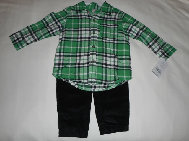 Carters 2 Piece Baby Infant Boy Pants & Flannel Button Up Shirt - Size 12 Months 2