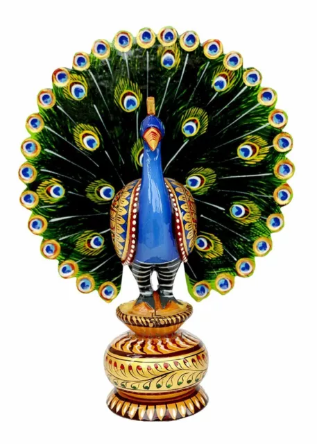 Wooden Painted Peacock Showpiece Statue for Home Decor Multicolor