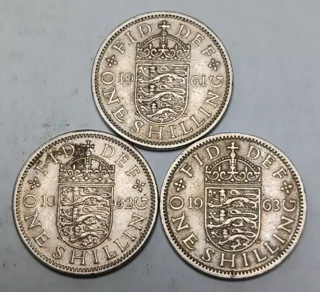 Great Britain One Shilling Set - English Shield - 3x Coins 1961 1962 1963 - QEII