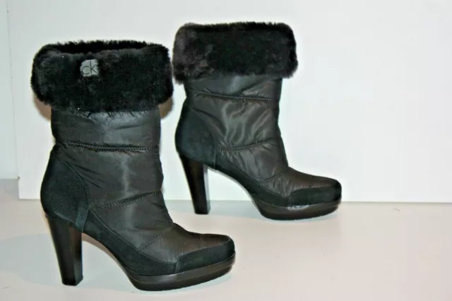 CALVIN KLEIN Bottines Fourrées Toile Matelassée Daim Talons Hauts T 40 NEUVES