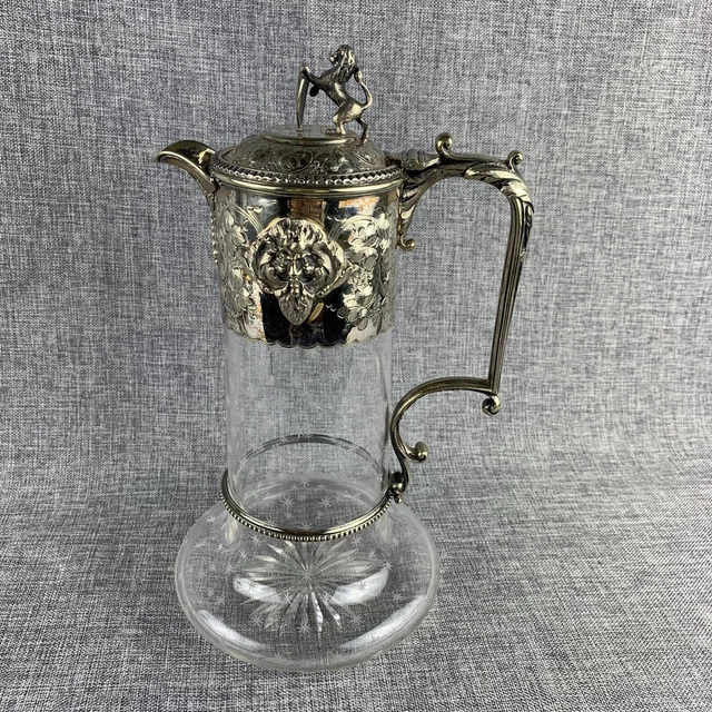 Antique Silver Plate Claret Jug Etched Stars Crystal Bacchus Grape Design 1890s