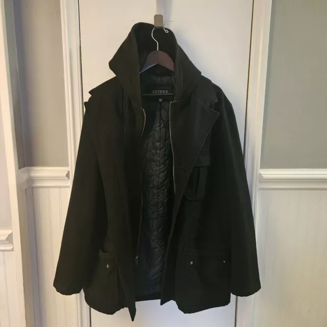 Women’s Guess Black Wool Peacoat / Removable Hooded Size 3X