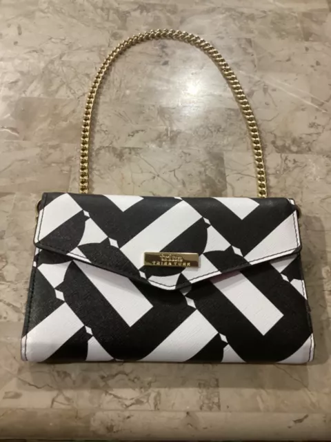 Trina Turk Trifold Crossbody Chain Wallet Geometric Phone Bag Black & White