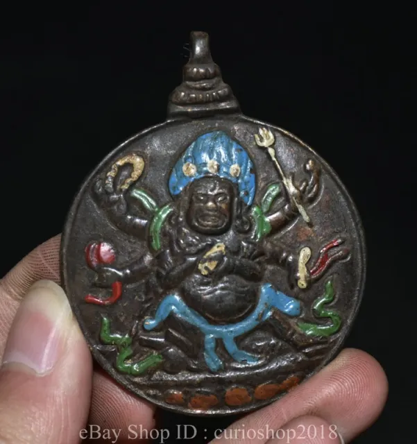 2.4 " Old Tibet Buddhism Bronze Painting Mahakala Wrathful Deity Buddha Pendant