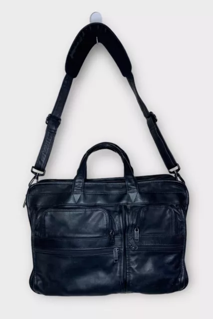 Tumi Black Genuine Leather Expandable Briefcase Crossbody Messenger File Bag