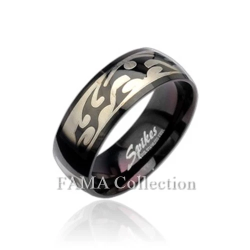 Top Quality FAMA 8mm Stainless Steel Black Ring with Tribal Engraving Size 9-13