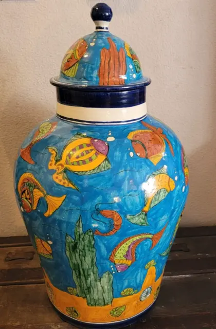 HUGE 25" Talavera Fish Ocean Themed Tibor Vase Urn