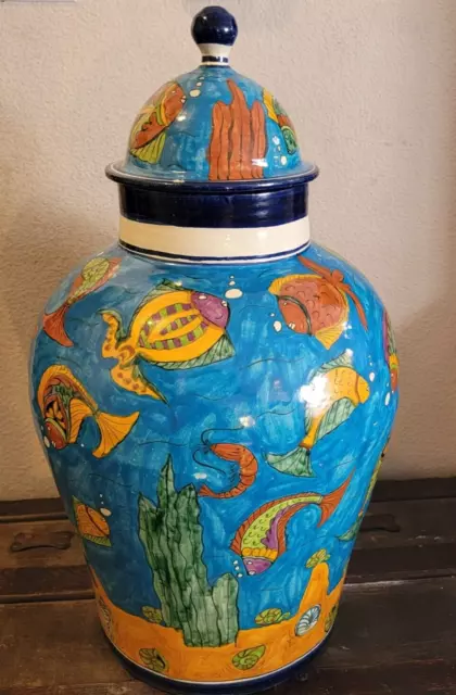 HUGE 25" Talavera Fish Ocean Themed Tibor Vase Urn