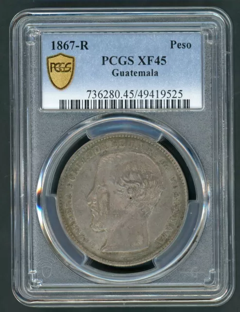 Guatemala 1867-R Peso Pres. Carrera  Silver Coin Pcgs Xf 45   10