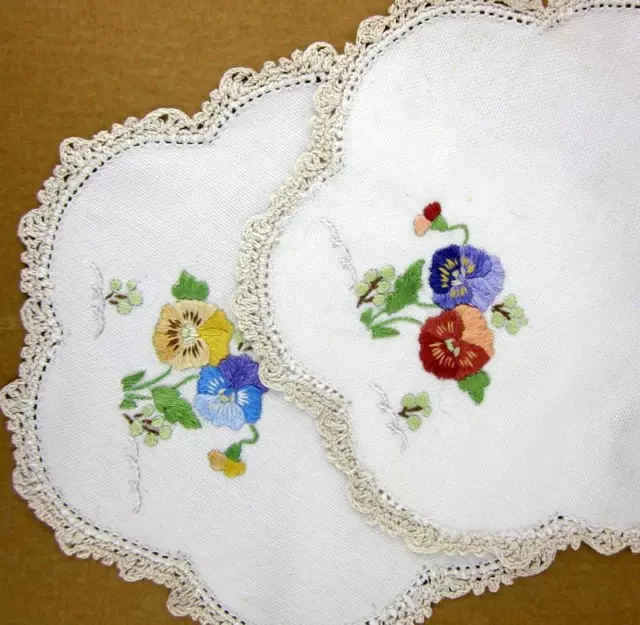 2pc Cream Linen DOILY SET Pansies - Vintage Hand Embroidered Crochet