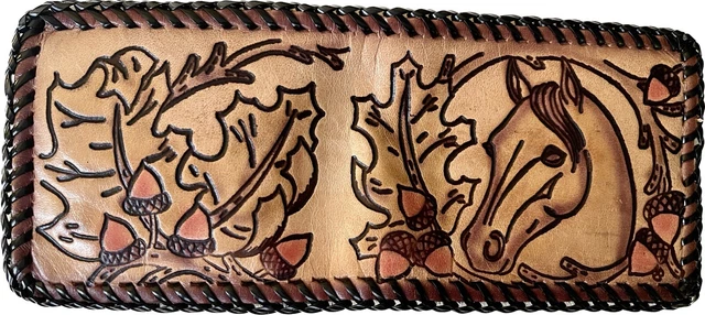 Leather Wallet Hand Tooled Horse Leaves Acorns Brown Black Trim Bi Fold Western