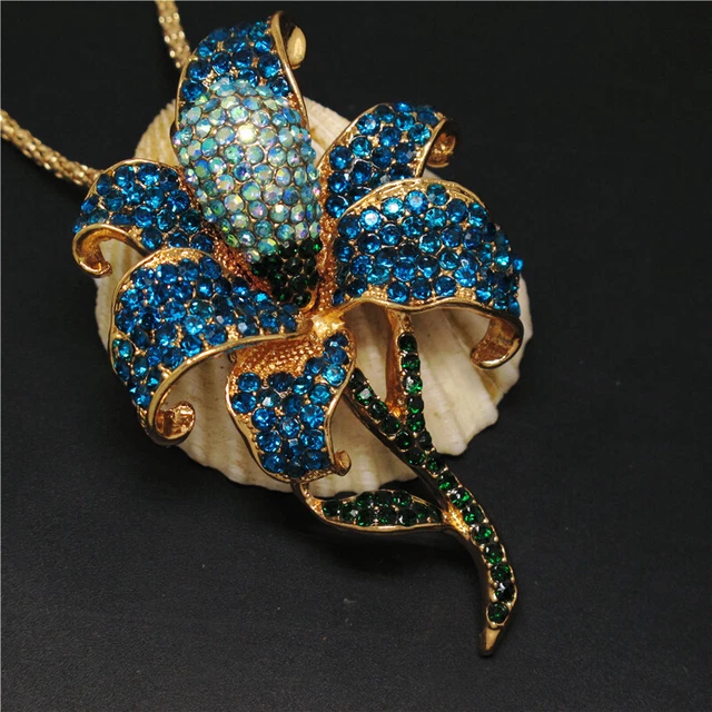 New Betsey Johnson  Blue Bling Flower Rhinestone Crystal Pendant Chain Necklace 4