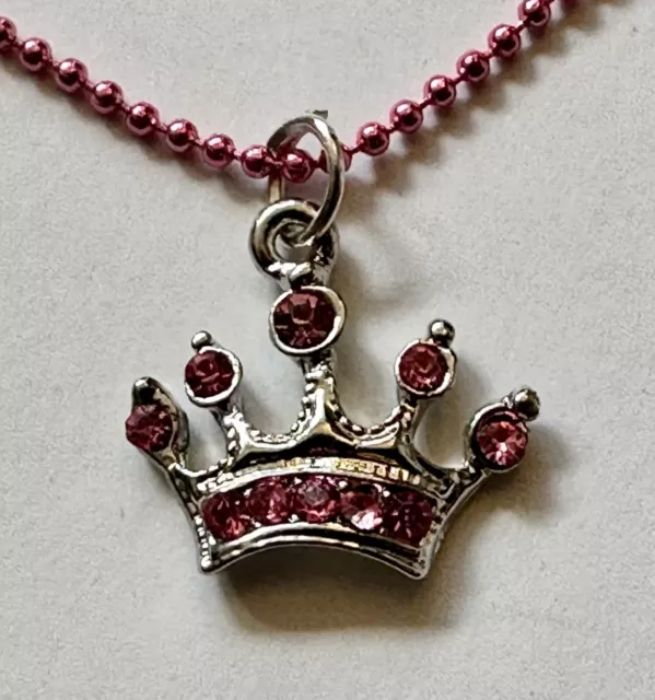 crown tiara pinkcrystal rhinestone charm pendant 1/2 of 1" necklace pink bead 18