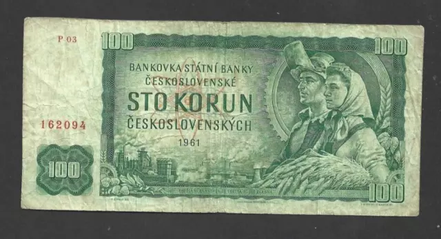 100 Korun Vg  Banknote From  Czechoslovakia 1961  Pick-91