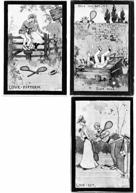 TENNIS SPORT ARTIST SIGNED SKETCHY BITS SERIES COMIC 6 Vintage Postcards (L2570)