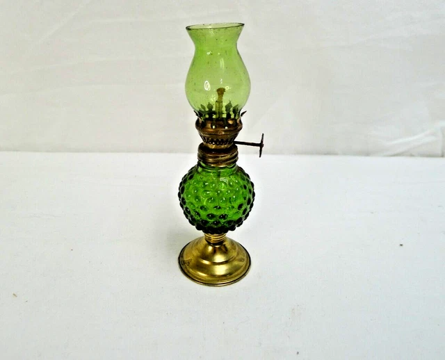 Vintage Green Hobnail Glass Miniature Oil Lamp