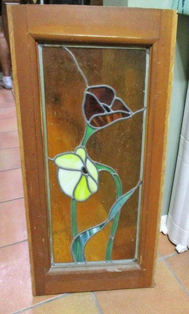 Large OLD LEADED STAINED GLASS WINDOW Pretty Tulip Design 29" x 14"