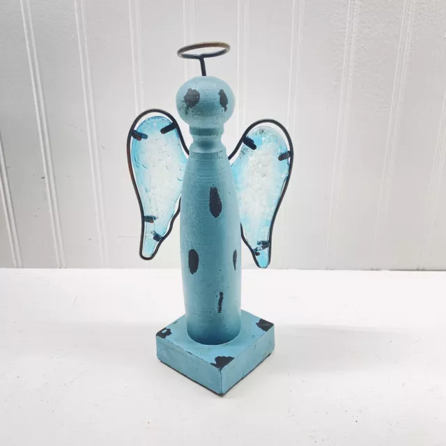 Blue Wooden Winged Angel Figurine With Glass Like Large Wings 8 1/2” Tall
