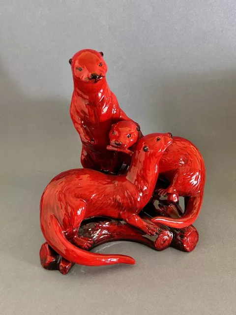 Peggy Davies Prestige Ruby Fusion Flambé Family Of Otters 27cm Figure Signed