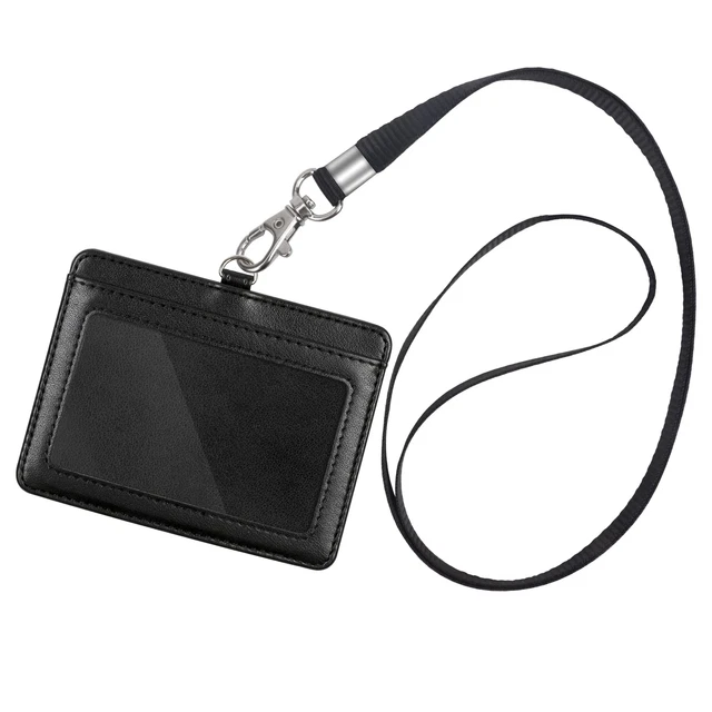 Horizontal PU Leather Card Holder - Clear ID Window, Card Slot, Neck Lanyard