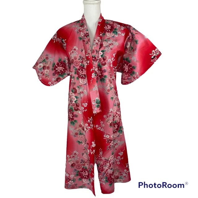 Sakurai Shoji Kimono Robe Made Japan Red Cotton Floral Open Front Size XS ?