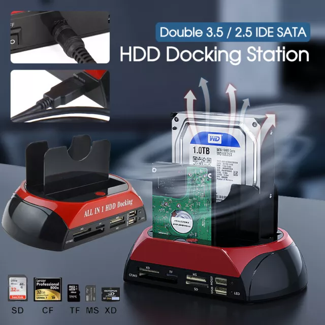 HDD Docking Station Dual 2.5" 3.5" SATA IDE Hard Disk Drive Dock OTB Card Reader