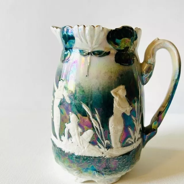 VTG Lusterware Pitcher Teal Bathing Maiden Silhouette Embossed Opalescent Europe