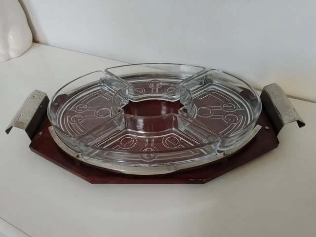 Ancien Plateau Serviteur Rond Laiton Verre Épais 5 Compartiments