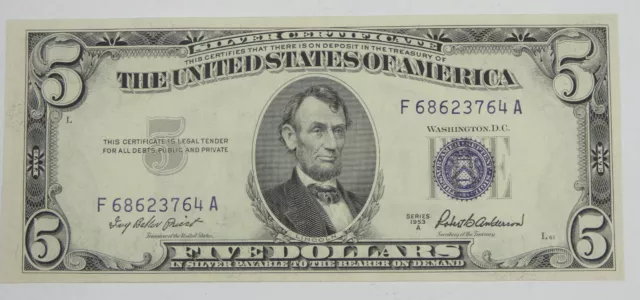 Series 1953-A $5 Blue Seal Silver Certificate Note Nice CRISP UNC Fr#1656