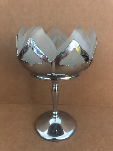 Vintage FARBER BROTHERS Chrome & Frosted Glass Lotus Flower Compote Art Deco