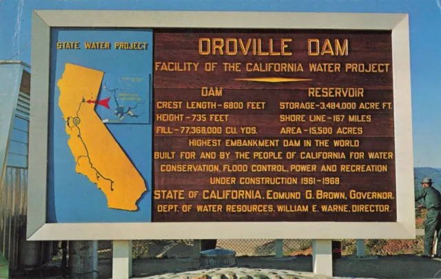 Oroville Dam CA California, Information Stat Site Sign, Vintage Postcard