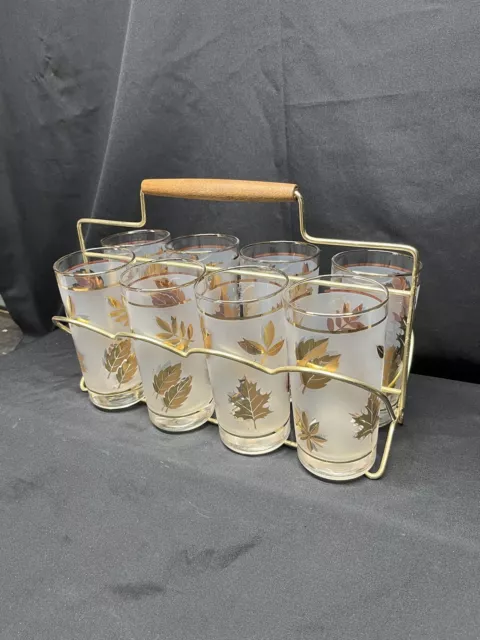 Vintage Libbey Starlyte Frosted Gold Leaf Glass Set With Caddy Pre Owned USA 3