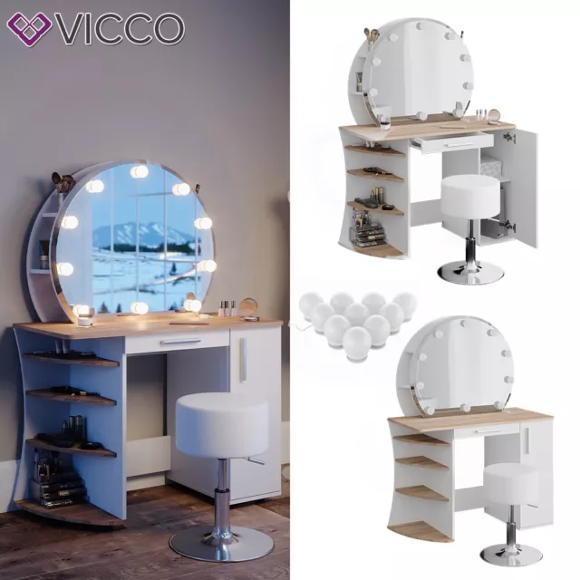 COIFFEUSE TABLE DE toilette + tabouret + LED Almina blanc VICCO