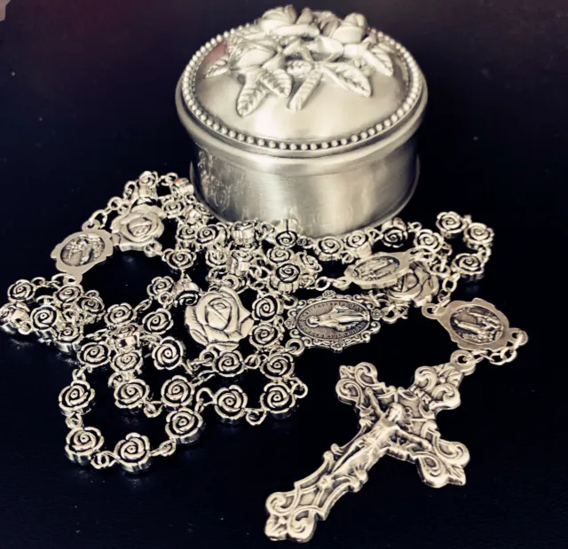 Silver Rose Beads Catholic Rosary Necklace Cross Gift Box Italy Crucifix