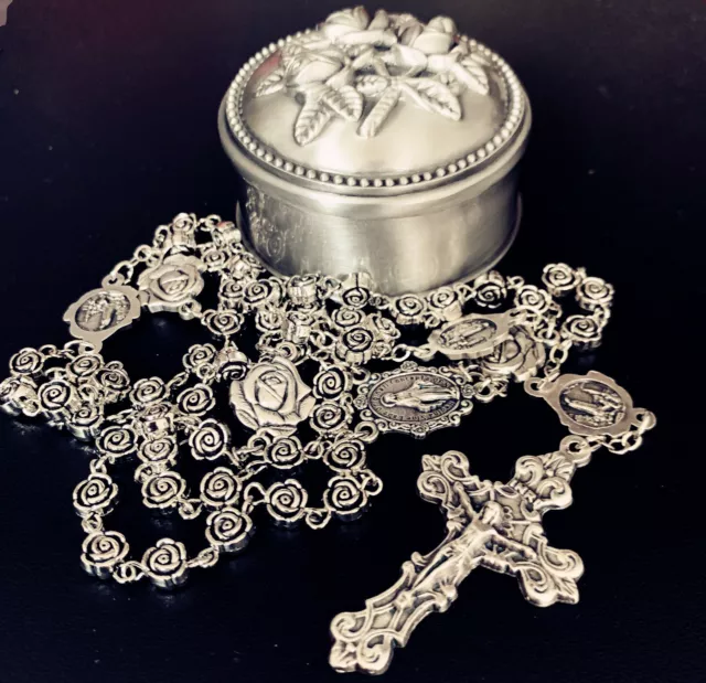 Silver Rose Beads Catholic Rosary Necklace Cross Gift Box Italy Crucifix