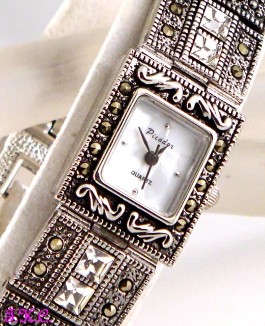 Vintage Silver Deco Genu Marcasite Statement Bracelet Watch w/ Swarovski Crystal